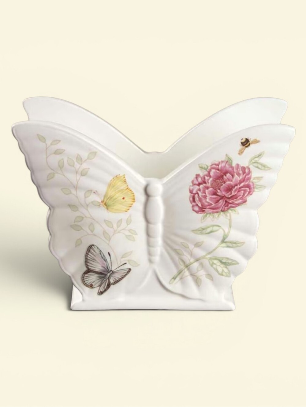 Lenox White Porcelain Figural 'Butterfly Meadow' Floral, Napkin Holder, Bee, EUC